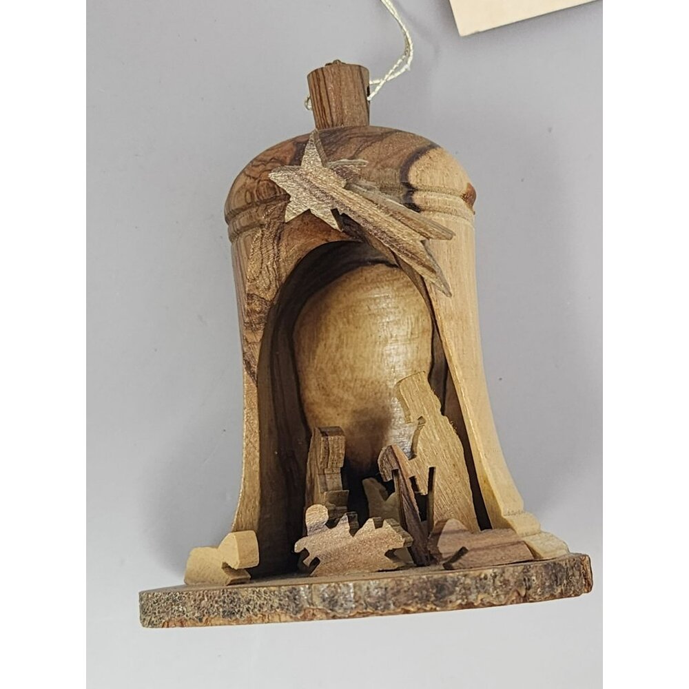 Vintage Wilderness Woods Olive Wood Nativity Christmas Ornament Bell Made Israel